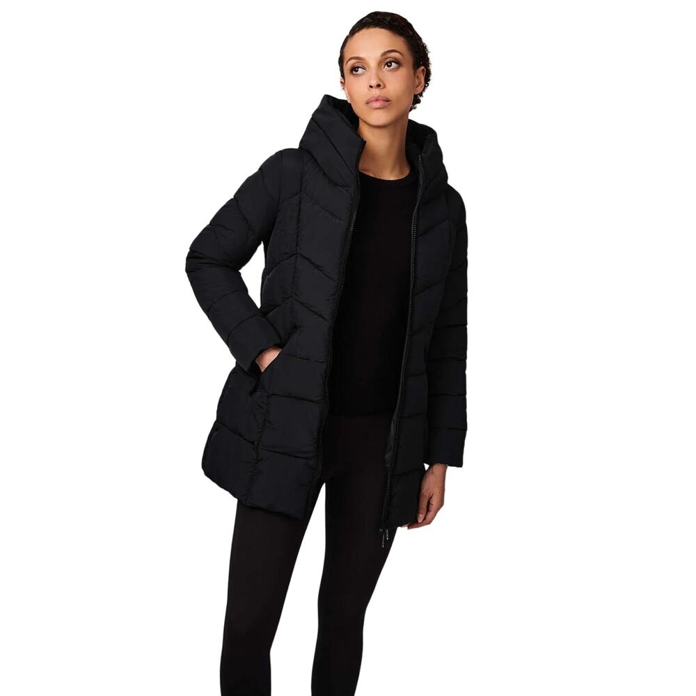 Bernardo Women's M Black Fab Funnel Full Zip Quilted Hooded Puffer Jacket HR2-1